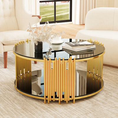 Lark Manor Easy To Clean Coffee Table, Stainless Steel Frame And Black Glass Top Slip Table With Tempered Glass, Modern Minimalist For Home
