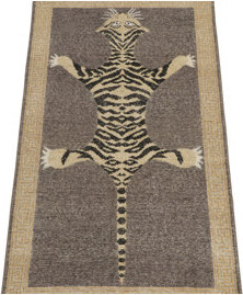 Rug & Kilim’S Distressed Tiger Runner In Gray Beige And Black Pictorial