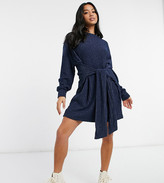 Thumbnail for your product : ASOS DESIGN DESIGN Petite tie waist brushed rib mini dress in navy