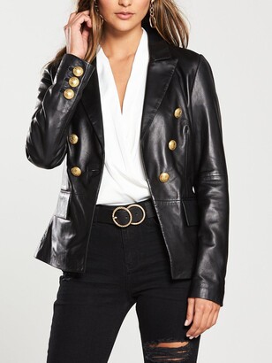 Very Gold Button Detail Leather Blazer - Black