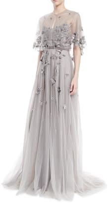 Marchesa Notte Floral Beaded Tulle Gown w/ Sheer Capelet
