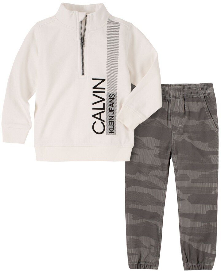 Calvin Klein Little Boys Fleece Semi Zip Pullover and Twill Camo Joggers, 2  Piece Set - ShopStyle