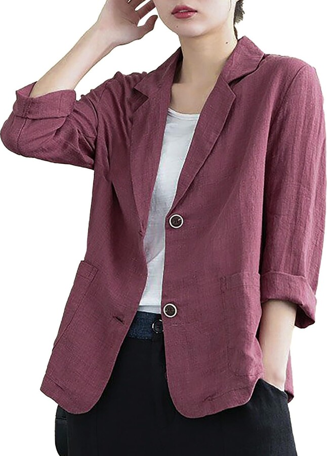 BKSCAYXS Women's Cotton Linen Casual Blazer Summer Retro Style