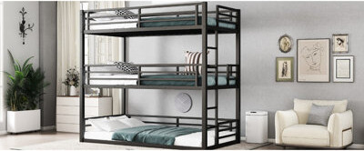 Latitude Run Metal Triple Bunk Bed Twin Over Twin, Black Finish, Guardrails For Each Level, Noise - Reduced Features Restful Sleep, Space Saving Solution Black, Fe