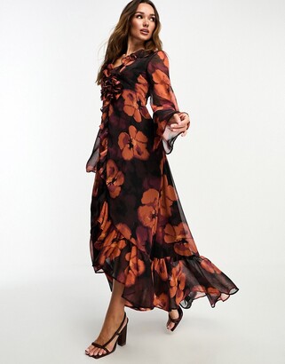 ASOS DESIGN ruffle detail wrap satin maxi dress in large bold floral print