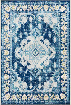 East Urban Home Light Blue Traditional Checkered Floral Woven Base Washable Carpet