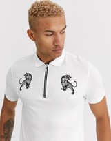 Thumbnail for your product : ASOS DESIGN polo with tiger print and zip neck collar