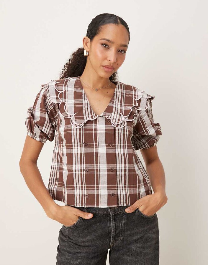 Neon Rose plaid print scallop collar blouse in beige