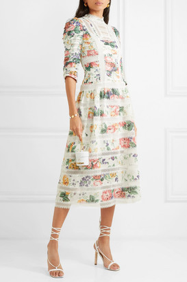 Zimmermann Allia Pintucked Lace-paneled Floral-print Linen Dress - White
