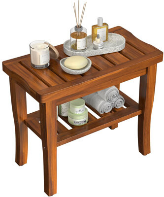 Teak Wood Shower Bench - Storage Shelf, Waterproof, Non-Slip Feet - Indoor & Outdoor Use