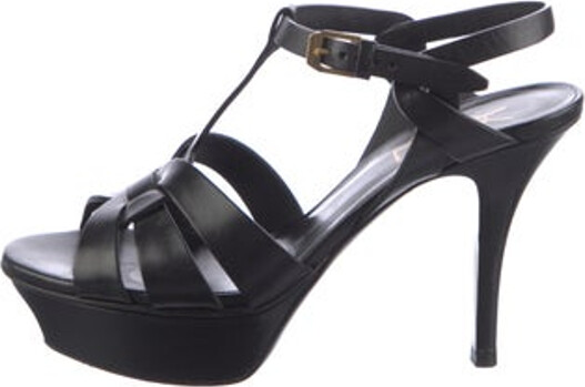 Saint Laurent Leather T-Strap Sandals Black Platform Straps Includes Dust Bag