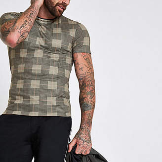 River Island Mens Brown check print muscle fit T-shirt