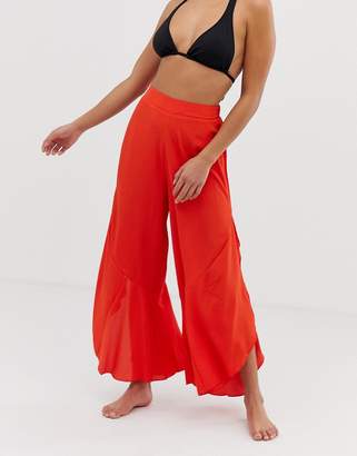 ASOS Petite DESIGN Petite split frill wide leg beach trouser in burnt orange