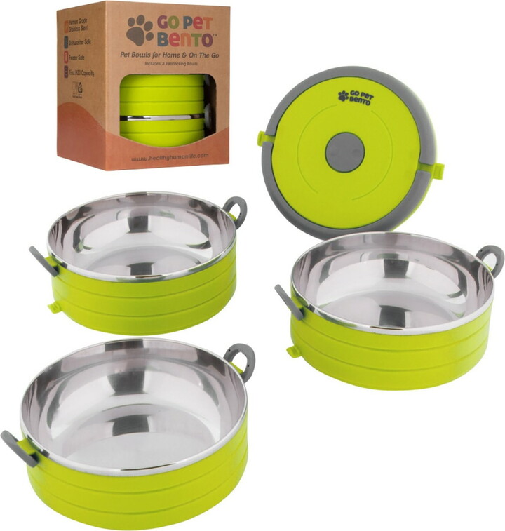 Healthy Human Travel Dog Bowls | Stainless Steel Go Pet Bento Bowl | Stackable Cat & Dog Food Bowls | Leak Proof | Set of 3 Interlocking Bowls, 2 Spare Clips, 1 Spare Handle (Green)