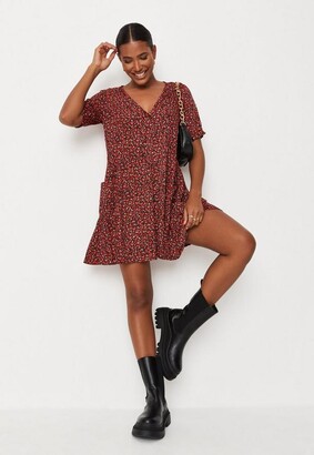 Missguided Red Floral Button Down Smock Dress