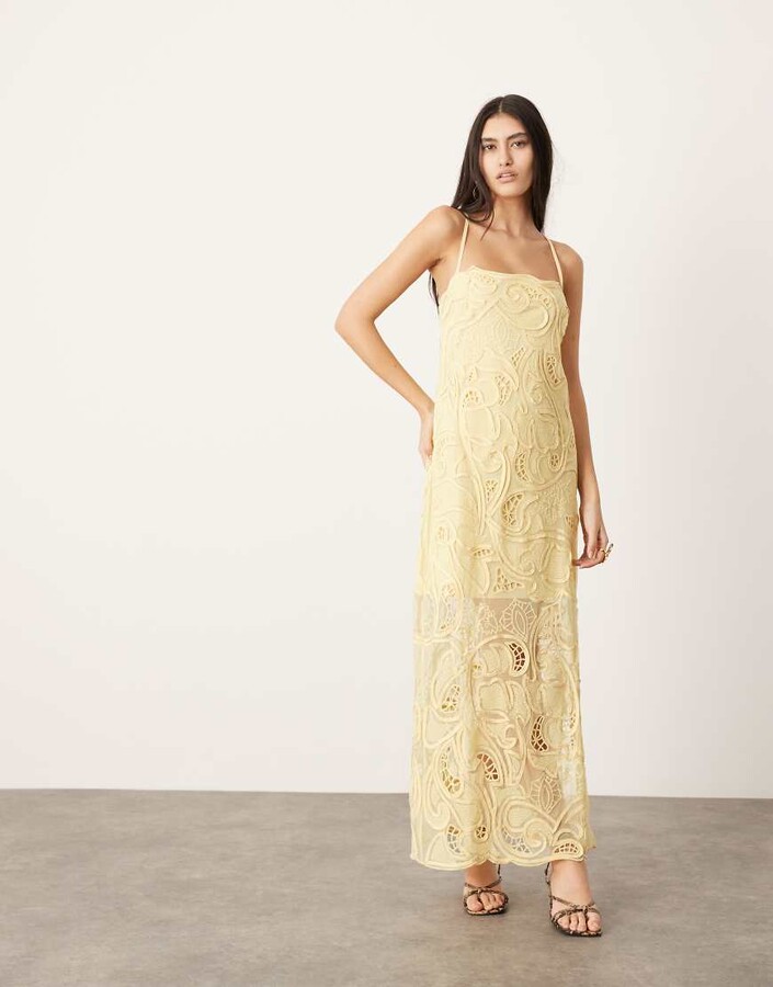 ASOS EDITION embroidered cut work cami column maxi dress in yellow