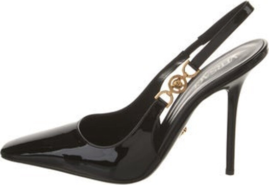 Versace Patent Leather Slingback Pumps Black Medusa Insignia Semi-Pointed Toes Buckle Closure at Ankles Includes Box & Dust Bag