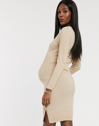 Mama Licious Mamalicious Maternity knitted dress with v neck and side  detail in nude - ShopStyle