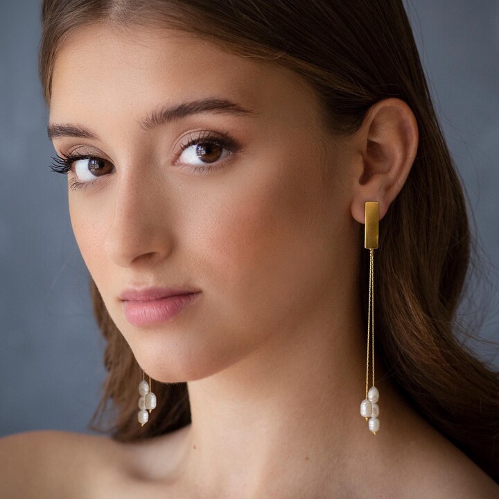 Pearl Drop Earrings, Extra Long Lightweight Gold Plated Chain Stud Bold Statement Linear Dangling Bridal Unique Handmade