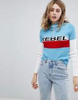 Thumbnail for your product : ASOS Design Zip Jumper with Rebel Slogan