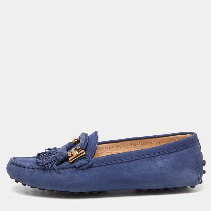 Tod's Blue Suede Fringe Slip On Loafers
