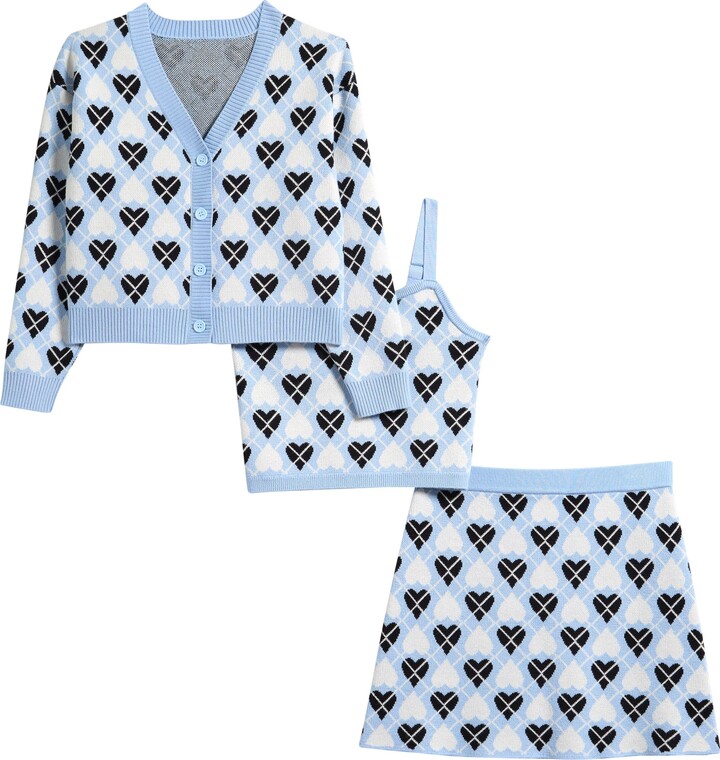 Freshman Kids' Heart Argyle Cardigan, Camisole & Skirt 3-Piece Set