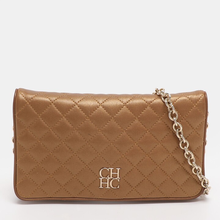 CH Carolina Herrera Gold Quilted Leather Flap Shoulder Bag