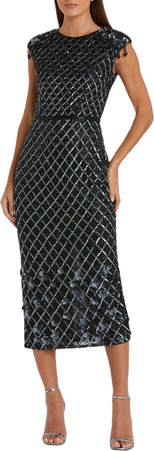 Mac Duggal Fringe Detailed High Neck Cap Sleeve Midi Dress
