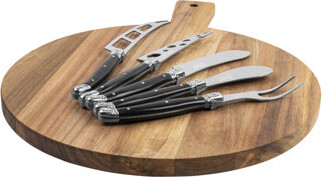 French Home Laguiole 6-Piece Black Pakkawood Artisan Cheese Knife Set And Round Wood Board