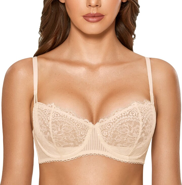 DOBREVA Women's Lace See Through Bra Minimizer Sexy Sheer Bras Plus Size  Underwire Parchment 32A at  Women's Clothing store