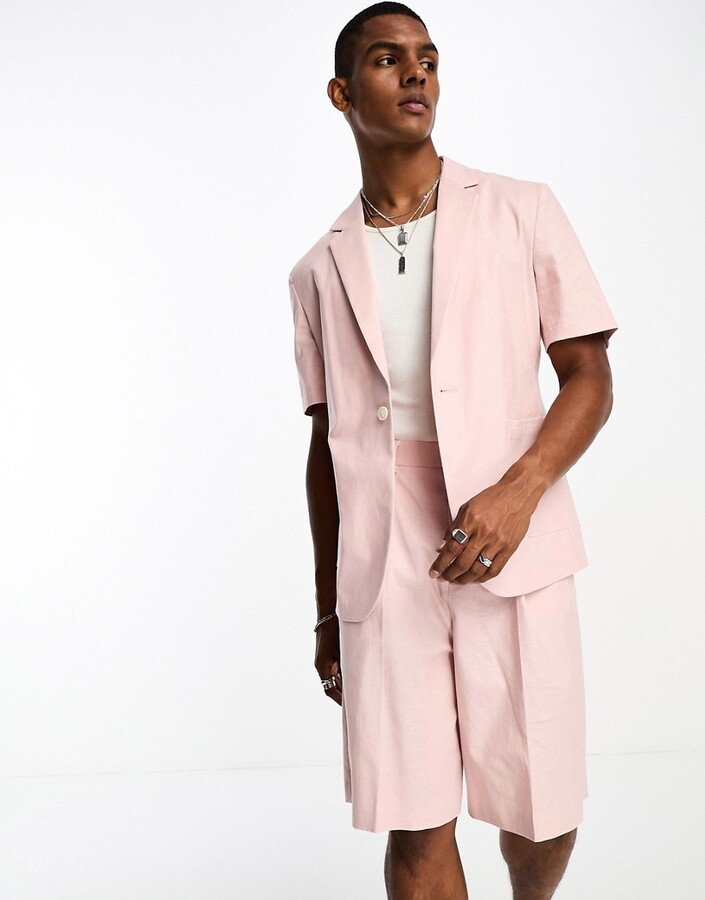 ASOS DESIGN short sleeved linen mix suit jacket in pink - ShopStyle