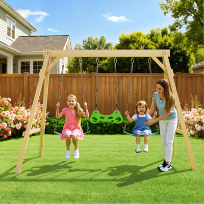 EROMMY Wooden Swing Sets For Backyard With 2 Belt Swings And Trapeze Bar, Outdoor Playset For Kids, Backyard Discovery Wooden Swing Set