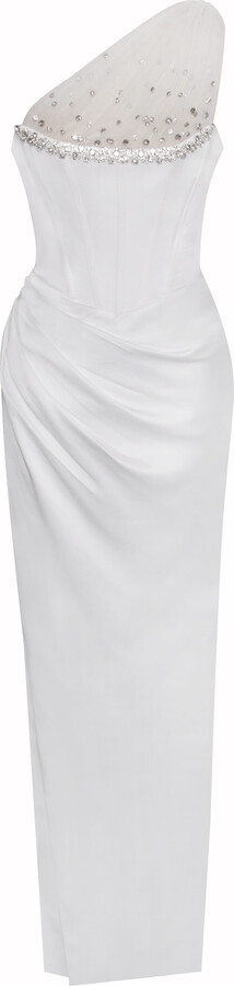 Miss Circle New York Lora White Crystal Embellished Mesh Satin Corset Gown
