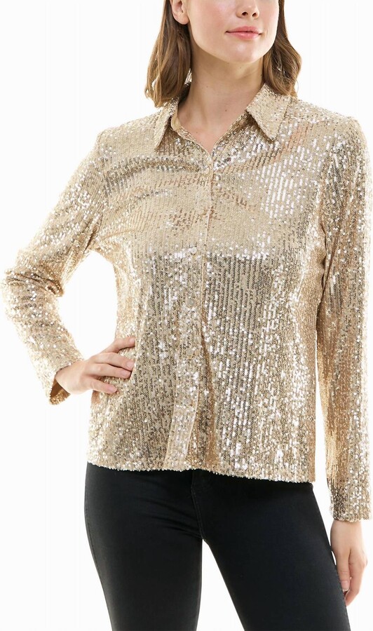 Nicole Miller Nora Sequin Button Front Shirt In Champagne