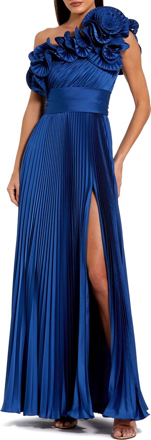 Mac Duggal Pleated Charmeuse One Shoulder Ruffle Gown