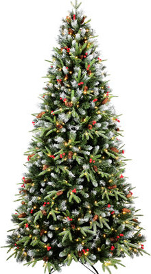 500 Warm White Led Equipped 7.5ft Christmas Tree With Snow - Tipped Branches, Pine , Red Berries For Festive Look Decorated Lights, Berries, Branches