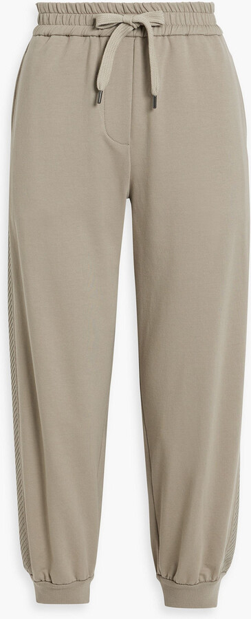 Brunello Cucinelli Cropped embellished French cotton-blend terry track pants