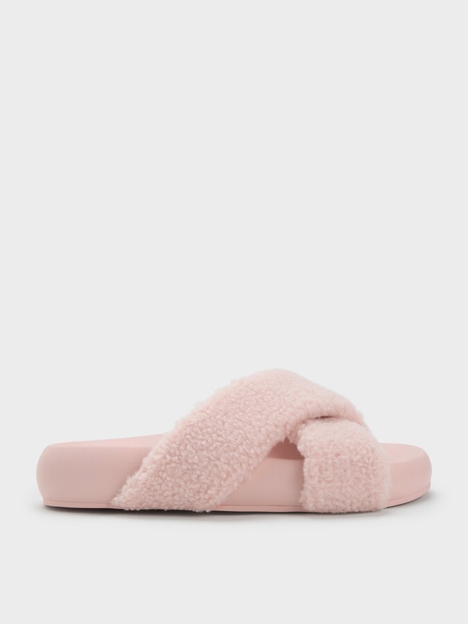 Charles & Keith Lumi Faux Shearling Crossover-Strap Slide Sandals