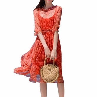 DISSA SB98007 Women Beach Short Sleeve Silk Dress Swing Midi Dress
