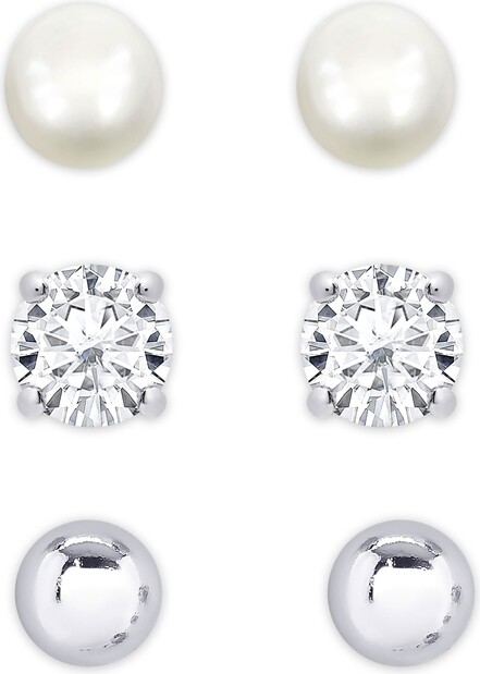 Lily Nily Girls Freshwater Pearl & Cz 3 Pairs Studs Set in Sterling Silver