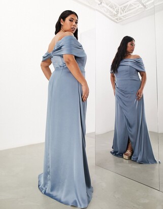 ASOS Curve ASOS DESIGN Bridesmaid Curve satin bardot drape wrap maxi dress in dusky blue