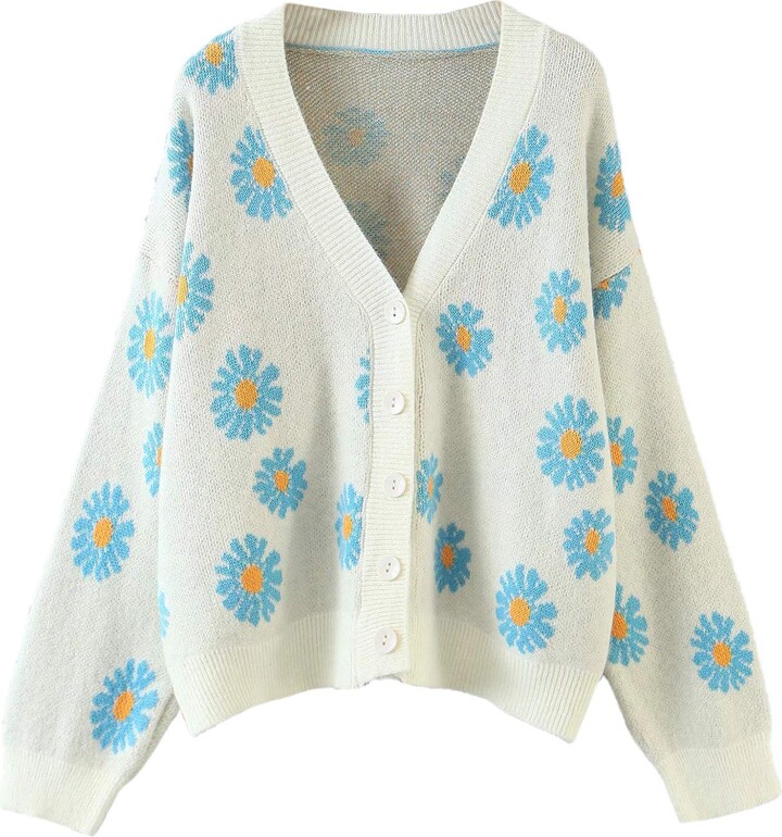 smiley sun flower blue knit sweater cardigan