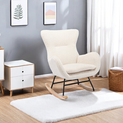 George Oliver Beige Teddy Fabric Rocking Chair With Padded Seat, High Back, And Armrests