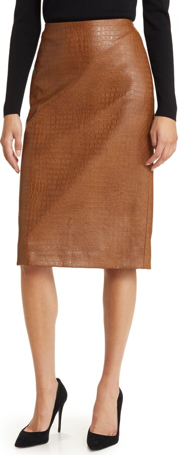 brown leather croc embossed pencil skirt to wear with black turtleneck 