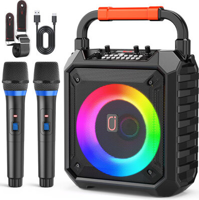 JYX Karaoke Machine Karaoke Speaker With 2 Wireless Microphones Supports Fm/Usb/Aux/Rec/Tf Led Lights For Kids And Adults