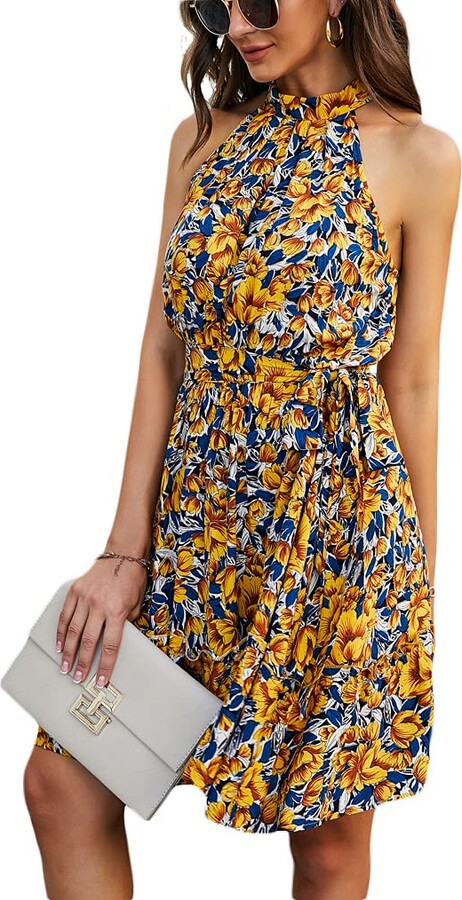 Naggoo Halter Dresses for Women Summer Floral Printing Belted A