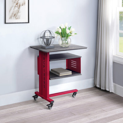Latitude Run Red Accent Table With Movable Caster And Wall Mounted Storage Unit Rectangular Metal Base Wood Plywood Top
