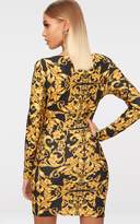 Thumbnail for your product : PrettyLittleThing Black Glitter Baroque Print Long Sleeve Plunge Bodycon Dress
