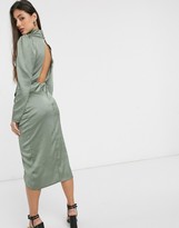 Thumbnail for your product : John Zack Tall high neck satin ruched side midi dress in khaki