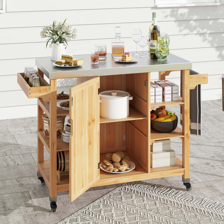 Uforic Wood Kitchen Storage Cart with Stainless Steel Table, Outdoor Grill Cart with Storage, Natural